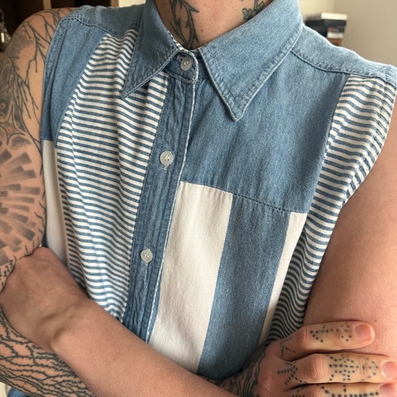 Vintage 80s Striped Denim Sleeveless Button Down Andrews Blues ~ Size M - Picture 4 of 8